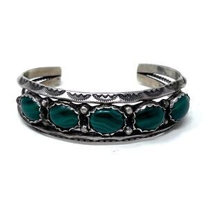 Vintage Sterling Silver Cuff Bracelet Malachite Stamped Native Navajo Jewelry